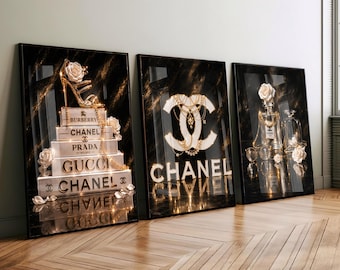 Luxury Fashion Wall Art Set • Designer Book Stack, Perfume Bottle, Chanel Logo (Digital Download)