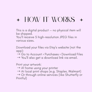 May include: A light pink graphic with the text "HOW IT WORKS" and instructions for downloading and printing digital artwork. The text explains the process of receiving and printing high-resolution JPEG files.