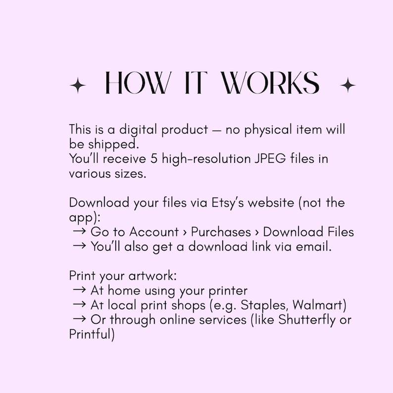 May include: A light pink graphic with the text "HOW IT WORKS" and instructions for downloading and printing digital artwork. The text explains the process of receiving and printing high-resolution JPEG files.