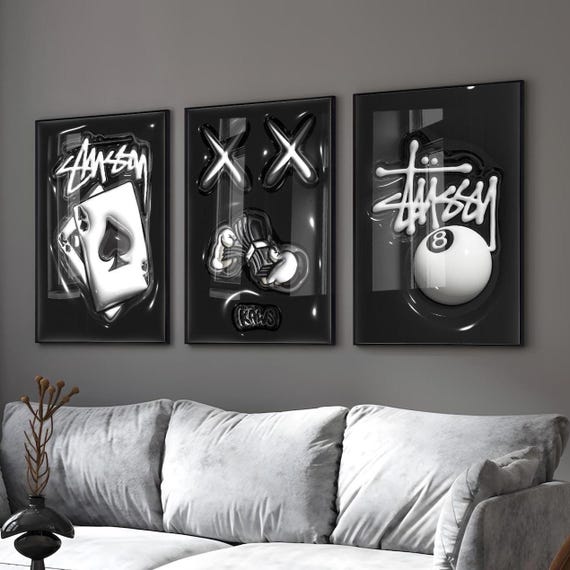 Set Of 3 HypeBeast Room Decor, Hypebast kaws Poster, Cool Wall Art Set,, 3D Wall Art Bundle, HypeBeast Wall Art, Trendy Wall Art,