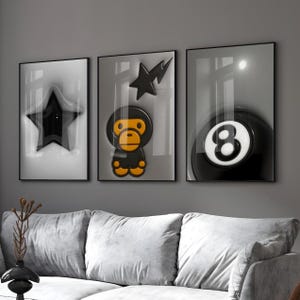 Set Of 3 HypeBeast Room Decor, Hypebast kaws Poster, Cool Wall Art Set, 3D Wall Art, HypeBeast Wall Art, Trendy Wall Art, digital download