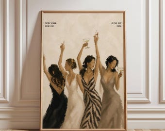 When the Night Begins, Champagne Party Wall Art, Elegant Women Painting, Editorial Decor, Chic Room Art