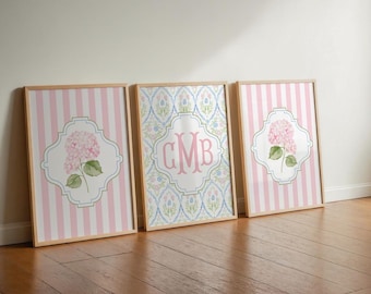 Pink Hydrangea Wall Art Prints, Custom Monogram Print, Pink Dorm Prints Set of 3, Grandmillennial Dorm Wall Art, Pink Blue and Green Nursery