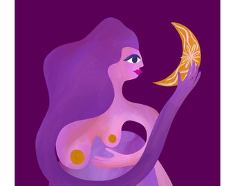 Purple Wall Art, Moon Art, Figure Drawing, Christmas Gifts for Women, Body Positive Woman, Spiritual Art, Astrology