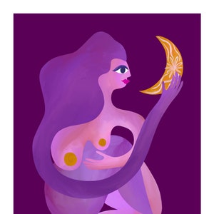 Purple Wall Art, Moon Art, Figure Drawing, Christmas Gifts for Women, Body Positive Woman, Spiritual Art, Astrology