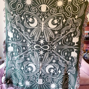 Astrology Woven Blanket, Throw, Olive Green, Housewarming Gift, Dark Olive Green, Nature Inspired Home Decor, Mother&#39;s Day Gift, Dorm Decor