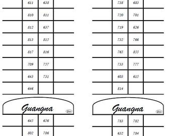 May include: Four rectangular charts with the word "Guangna" at the top. Each chart has rows and columns with numbers. The charts are arranged in a 2x2 grid.