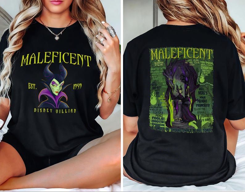 May include: Black t-shirt with a graphic of Maleficent, a Disney villain, with the text "MALEFICENT" and "EST. 1959 DISNEY VILLIAN." The back of the shirt has a green and purple graphic with text.