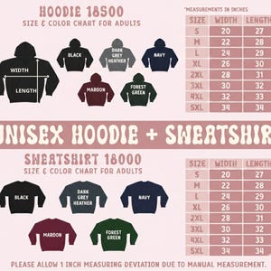 May include: Size and colour chart for unisex hoodies and sweatshirts. The chart includes measurements in inches for sizes S to 5XL. Available colours include black, dark grey heather, navy, maroon, and forest green.