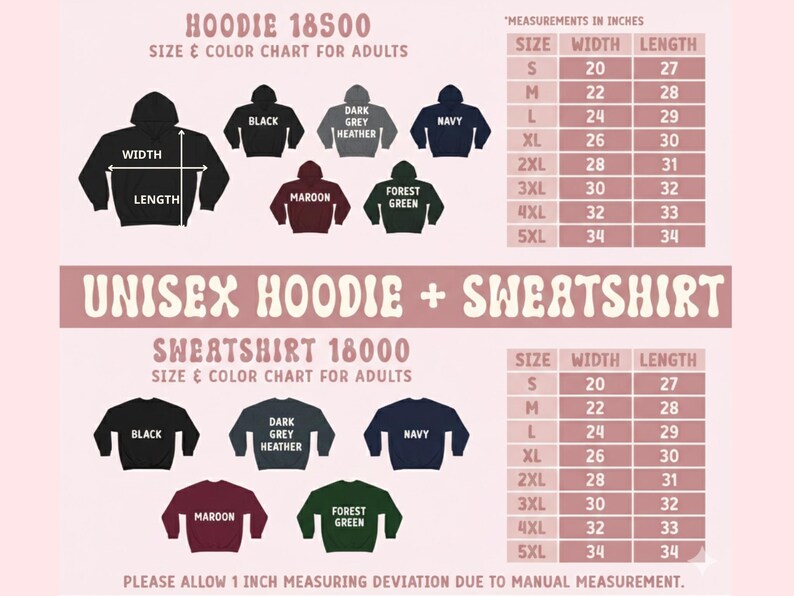 May include: Size and colour chart for unisex hoodies and sweatshirts. The chart includes measurements in inches for sizes S to 5XL. Available colours include black, dark grey heather, navy, maroon, and forest green.