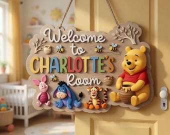 Winnie The Pooh Wooden Name Sign, Personalized Nursery Door Hanger, Pooh Bear Baby Room Decor