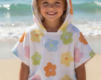 Floral Kids Hooded Towel, Pastel Flower Beach Poncho, Cute Floral Kids Beach Towel, Pool Towel, Swim Towel