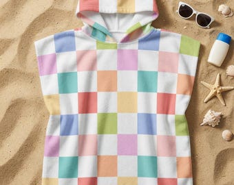 Kids Hooded Towel, Preppy Plaid Beach Poncho, Color Block Kids Beach Towel, Pool Towel, Swim Towel