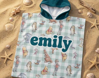 Personalized Kids Hooded Towel, Disney Pooh Bear Beach Poncho, Custom Name Pool Towel, Plaid Kids Beach Towel
