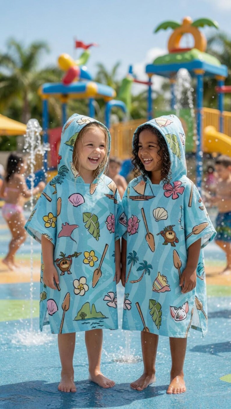 May include: Two light blue hooded towels featuring a repeating pattern of tropical motifs including pink hibiscus flowers, seashells, palm leaves, small sailboats, shovels, and cartoon characters, designed with a loose fit and wide sleeves.