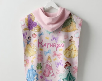 Personalized Disney Princess Kids Hooded Towel, Custom Name Princess Beach Poncho, Coquette Girls Beach Towel, Pool Towel