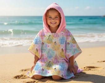 Disney Princess Kids Hooded Towel, Watercolor Princess Beach Poncho, Girls Beach Towel, Pool Towel, Swim Towel