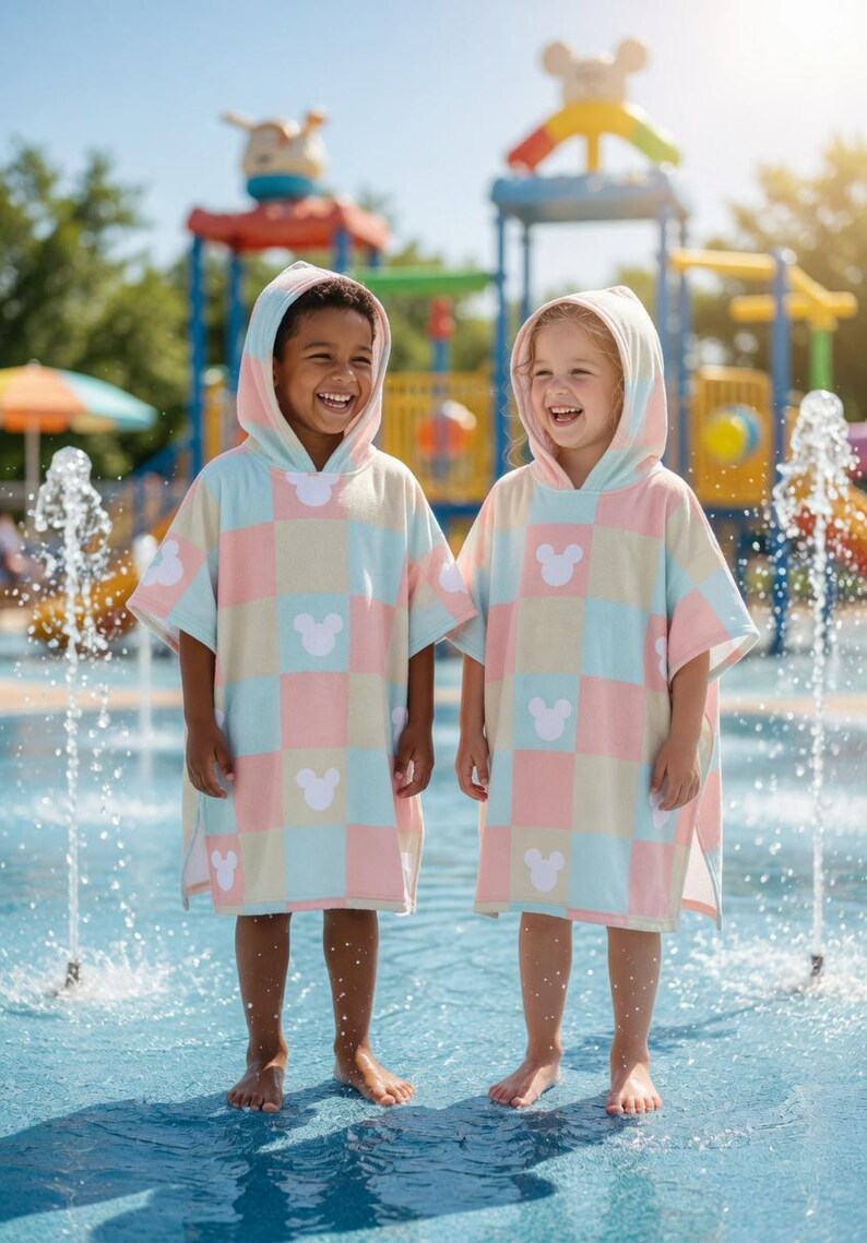 May include: Two children wearing matching hooded ponchos with a pastel checkered pattern and white Mickey Mouse silhouettes. They are standing in a splash pad with water fountains, smiling and laughing. The ponchos are light blue, pink, and yellow.