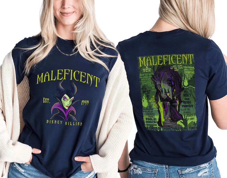 May include: Navy blue t-shirt with the word "MALEFICENT" in yellow, and a graphic of the Disney villain. The front of the shirt also includes "EST. 1959" and "DISNEY VILLIAN". The back of the shirt has a graphic of Maleficent with text.