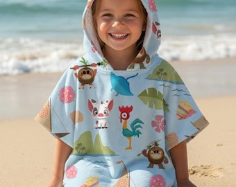 Moana Hooded Beach Towel for Kids, Personalized Tropical Pool Towel, Custom Name Toddler Bath Towel, Summer Gift for Girls