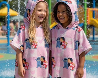 Lilo and Stitch Plaid Hooded Towel, Personalized Pink Beach Poncho, Custom Name Kids Pool Towel, Toddler Bath Towel Gift