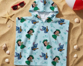 Lilo and Stitch Kids Hooded Towel, Personalized Tropical Beach Towel, Custom Name Pool Towel, Toddler Swim Towel Gift