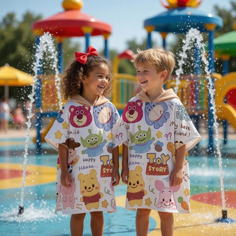 May include: Two children wearing white hooded beach towels with colorful Toy Story character designs. The towels feature images of bears, aliens, and Winnie the Pooh, with the text "Smile", "Happy", and "Toy Story". The children are smiling and playing near water fountains.