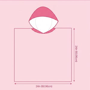 May include: Pink hooded towel for kids, with dimensions of 24 inches (60.96 cm) by 24 inches (60.96 cm). The towel features a hood and the text "ALL-OVER PRINT KID HOODED TOWEL" at the top.