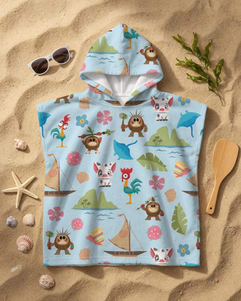 Moana Hooded Beach Towel for Kids, Personalized Tropical Pool Towel, Custom Name Toddler Bath Towel, Summer Gift for Girls image 2