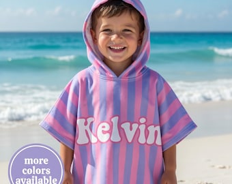 Personalized Kids Hooded Towel, Striped Beach Poncho, Custom Name Pool Towel, Girls Beach Towel, Swim Towel