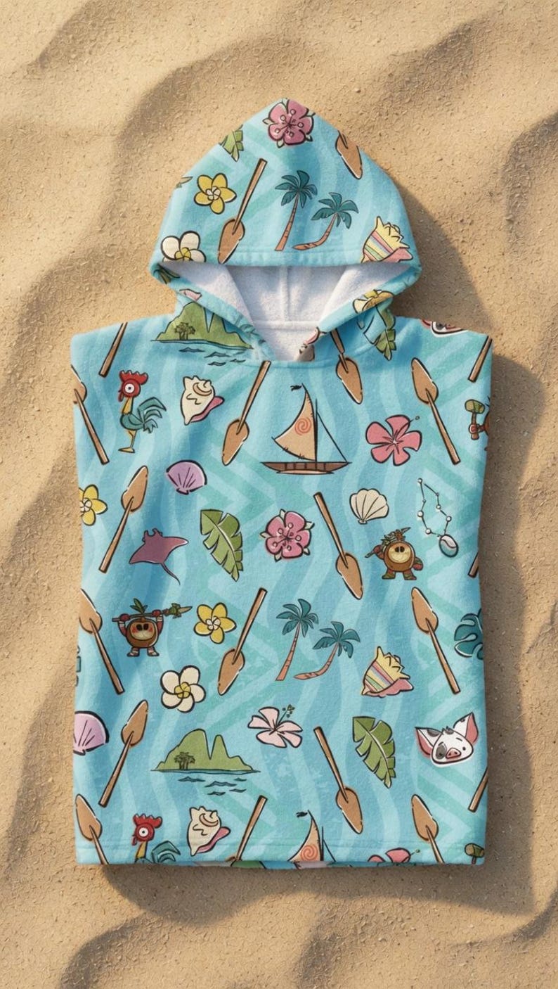May include: A light blue hooded towel poncho featuring a repeating pattern of tropical motifs including wooden oars, palm trees, pink hibiscus flowers, seashells, a sailboat, a rooster, a stingray, a small pig, and island landscapes.