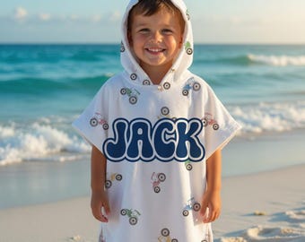 Toalla con capucha personalizada para niños, poncho de playa con forma de tractor, toalla de piscina con nombre personalizado, toalla de playa para niños, toalla de natación