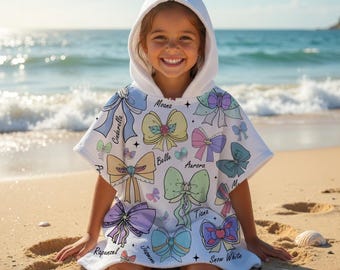 Disney Princess Kids Hooded Towel, Princess Bow Beach Poncho, Girls Pool Towel, Kids Beach Towel, Coquette Bath Swim Towel