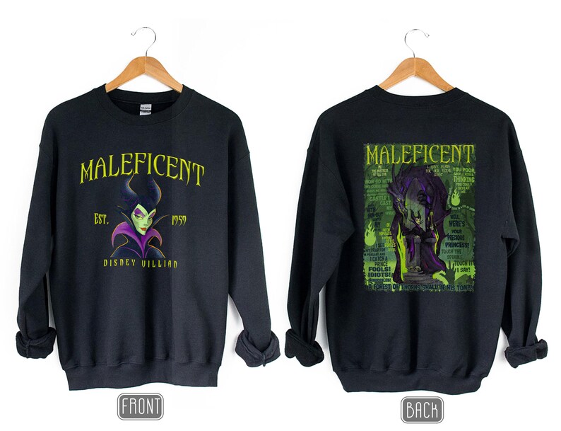 May include: Black sweatshirt with a graphic of Maleficent, a Disney villain, and the text "MALEFICENT" and "EST. 1959 DISNEY VILLAIN". The back of the sweatshirt has a green and black graphic of Maleficent.
