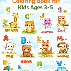 May include: ABC Alphabet Coloring Book for Kids Ages 3-5. Features colorful illustrations of animals and objects, each representing a letter of the alphabet. Includes a giraffe, cat, jellyfish, owl, dog, bear, kangaroo, monkey, umbrella, elephant, nest, and van.