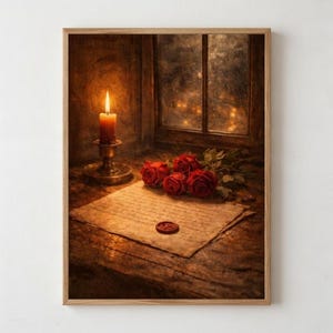 Puede incluir: Impresión enmarcada que representa una vela encendida, rosas rojas y una carta manuscrita sellada con cera. La iluminación cálida y la estética vintage crean un ambiente acogedor. La vela está en un portavelas de latón.