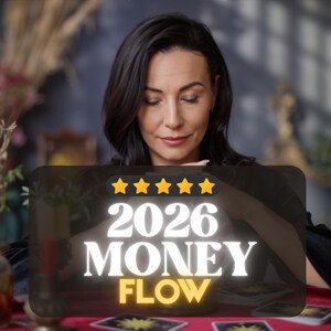 May include: A woman with dark hair gazes downward, with a glowing graphic overlay featuring five gold stars, the year "2026", and the words "MONEY FLOW" in white and yellow. Tarot cards are visible on a red surface.