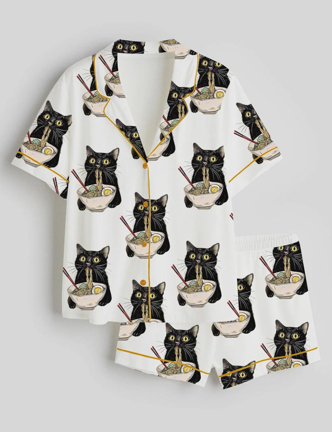 Black Cat Pajamas Satin for Women Adults, Short Sleeve Love Cats Pajama ...