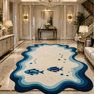 Ocean Blue and White Wave Tufted Rug with Fish Design – Coastal Chic Statement Piece
