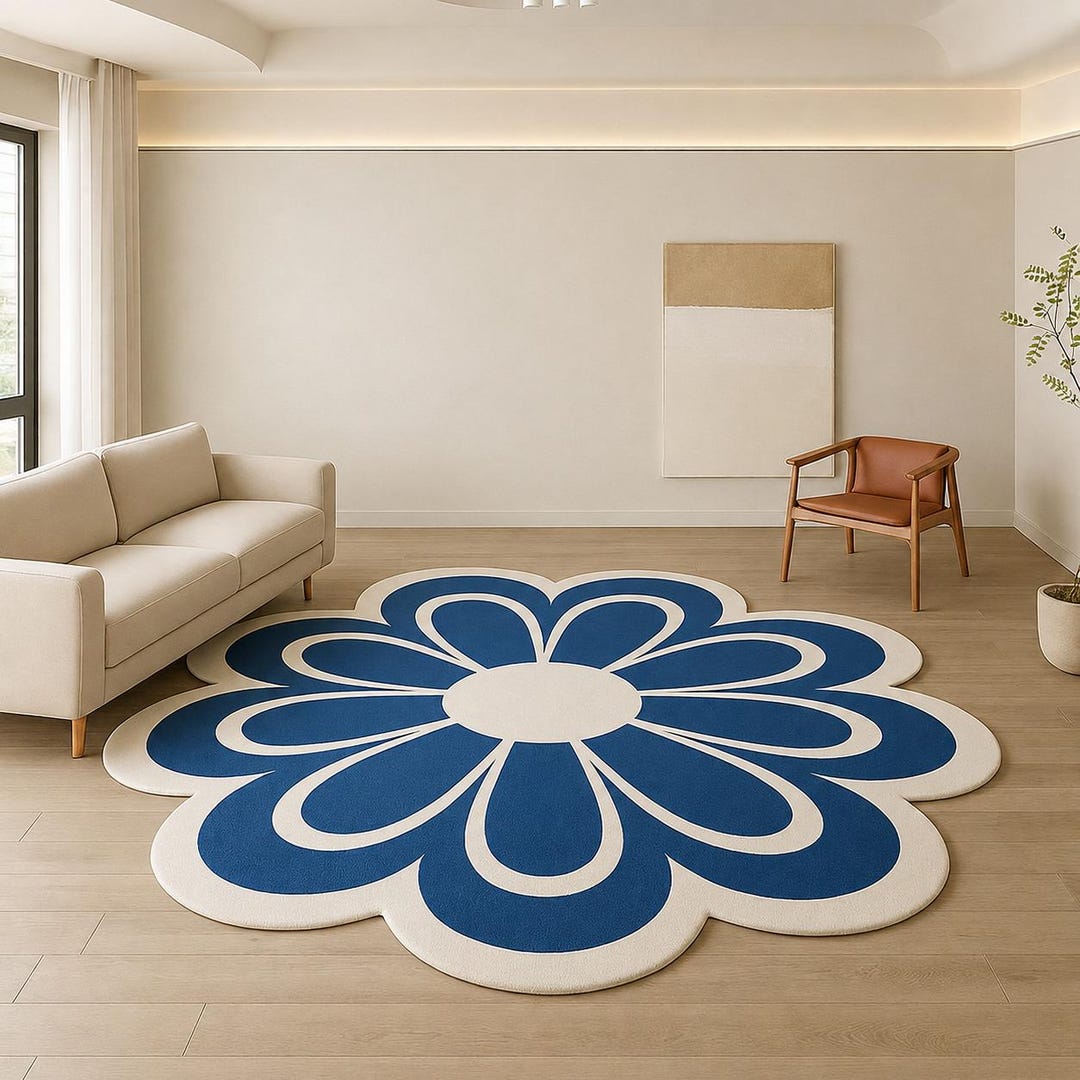 Flower City Rug Flower Shape Rug – Navy Blue Floral Plush Carpet, Modern Daisy Area ...