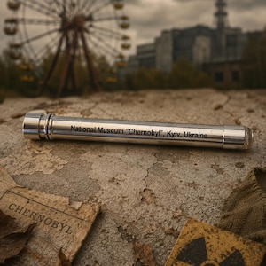 Peut inclure: Un tube métallique argenté avec l'inscription "National Museum 'Chernobyl', Kyiv, Ukraine" est posé sur du béton fissuré. En arrière-plan, une grande roue et un bâtiment. Un fragment de carte et un symbole de radiation sont également visibles.