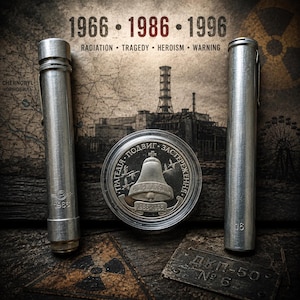 Puede incluir: Dos dosímetros cilíndricos de metal plateado y una moneda conmemorativa circular con un icono de campana y texto en cirílico. La moneda muestra las fechas 1986-1996, mientras que los tubos de metal están marcados con el año 1966 y el número 16.