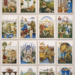 May include: A collection of sixteen medieval-style illustrations, each framed with a white border. The artwork depicts scenes with figures, animals, and castles, rendered in a vibrant palette of blues, reds, and greens. The overall theme is historical and narrative.