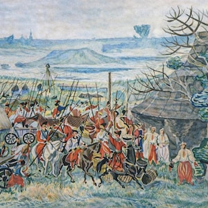 May include: Watercolor painting depicting a historical scene with figures on horseback and foot, some carrying spears. A cannon is visible in the foreground. The background shows a landscape with buildings and a body of water.