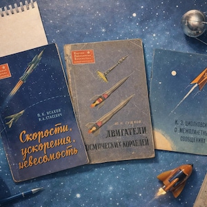 Puede incluir: Libros antiguos con portadas temáticas espaciales, cohetes y cuerpos celestes, sobre un fondo estrellado. Un bloc de notas, un bolígrafo, un globo terráqueo y cohetes de juguete complementan la escena. Los libros tienen texto ruso.