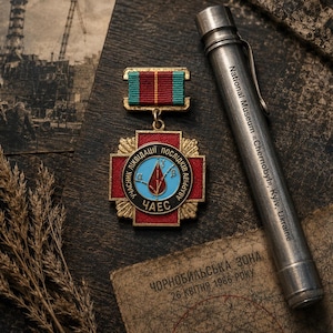 Könnte beinhalten: Eine goldfarbene Medaille mit einem roten Kreuz und einem blauen Mittelkreis, der einen roten Tropfen und griechische Buchstaben zeigt, an einem grün-roten Band. Daneben liegt ein silbernes Metallrohr mit der Gravur National Museum Chernobyl Kyiv Ukraine.