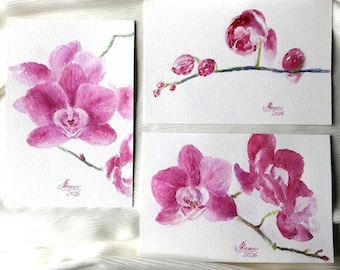 Set ansichtkaarten met roze orchideeën – Originele aquarelkunst (set van 3) – 10 x 15 cm – Botanische miniatuurschilderijen – Romantisch cadeau – Bloemenkunstkaarten