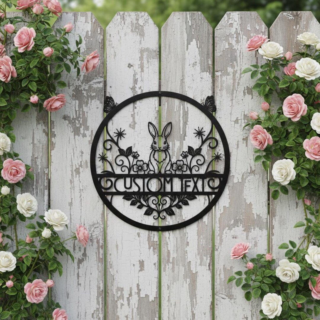Custom Bunny Metal Wall Art, Personalized Rabbit Name Sign, Floral ...