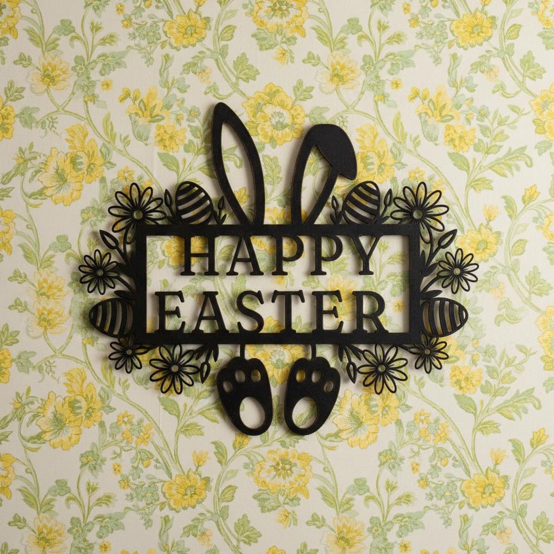 Happy Easter Metal Wall Art, Bunny Ears and Paws Floral Wreath, Spring ...