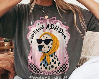 Certified ADHDiva Dalmatian Dog Tee: Coquette Bow Graphic Shirt